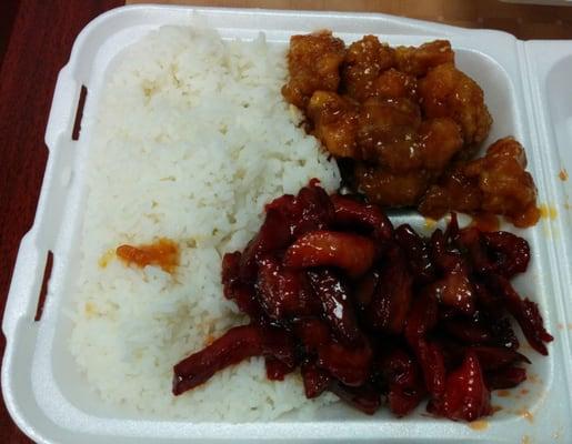 Sesame Chicken, BBQ Pork, and White Rice