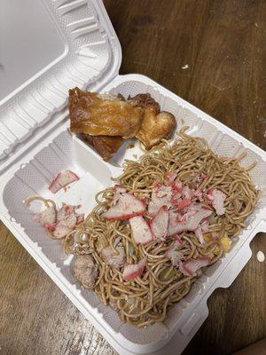 Sweet and sour chicken and chow mein. Freshly opened plate.