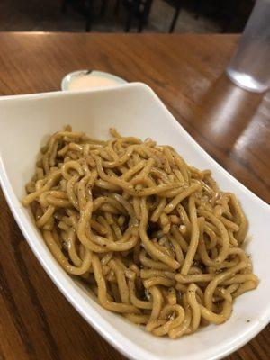 Hibachi Noodles (with yum yum sauce in the background).