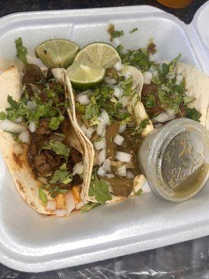 Steak tacos, Barbacoa taco & Chicharrón taco