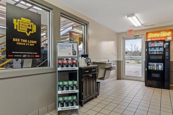 Our waiting area offers snacks and drinks while we repair your car.