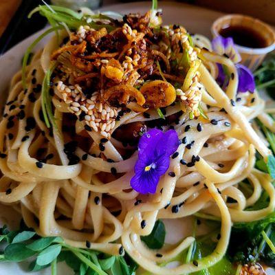 Sesame Noodle Appetizer with a healthy dose of chili crisp