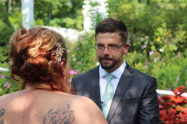 Bride and groom during first look