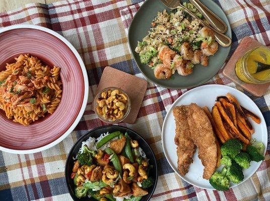 Gluten Free Buffalo Chicken pasta, Healthy Shrimp "Fried" Rice, Cashew Chicken, Pretzel Chicks & Fries