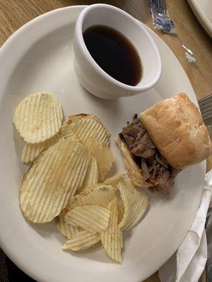 1/2 of an Italian beef sandwich with chips. We split it. This was served more like a French dip to me than an Italian beef. It was good