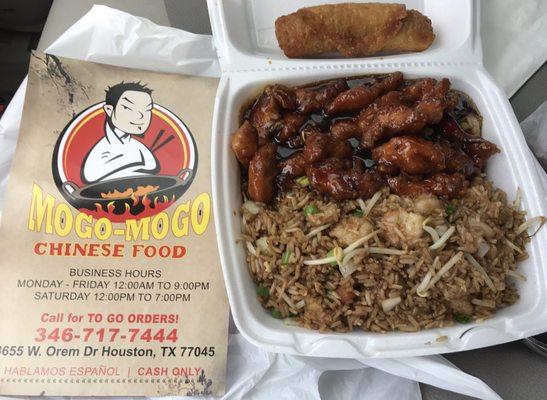 Orange chicken, shrimp fried rice & poem egg roll