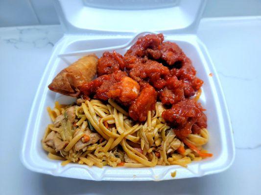 Sweet and sour chicken with lomein and egg roll. $8.99.