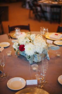 Grey wooden box centerpieces with white hydrangea and dahlias (with a wee bit of red). Got lots of compliments on these.