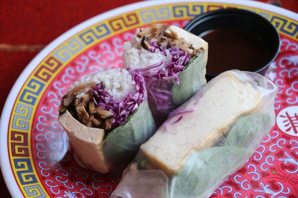 Summer Rolls: Freshly made to order, w/ rice vermicelli noodles, red cabbage, Thai basil, & tofu. Side: Hoisin Peanut Sauce