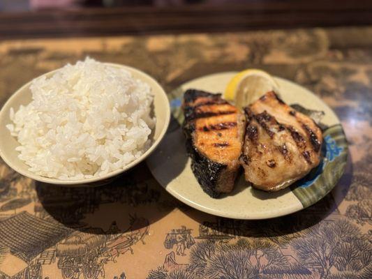 Sake kama with side of rice