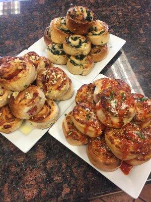 3 different kinds of pinwheels: - stromboli, spinach, and Buffalo chicken.