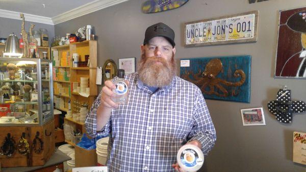 Uncle Jon showing some of his shave soap and aftershave.