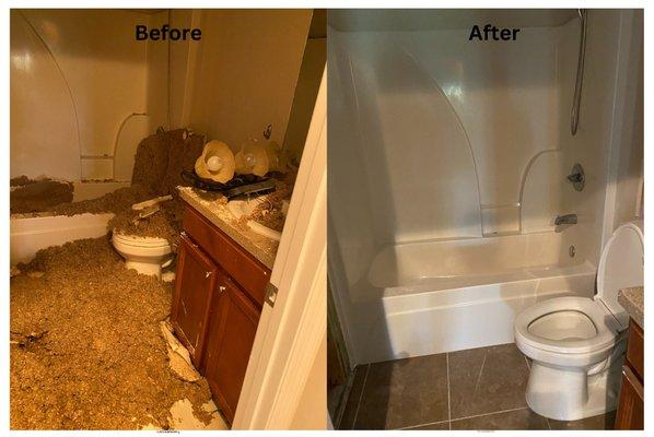 Water damage in the bathroom. Before and after mitigation photos.