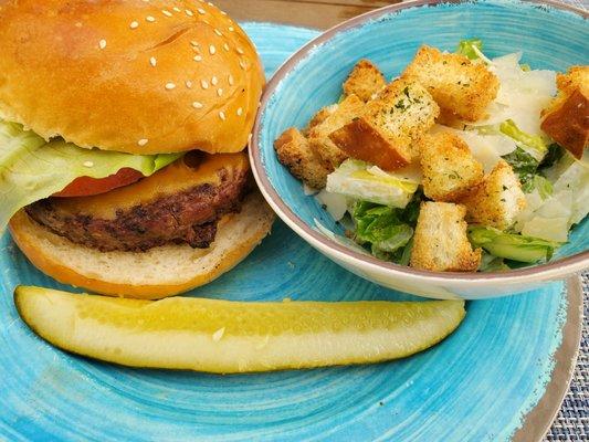 Classic burger with caesar salad