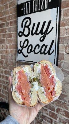 Lox Scallion Cream Cheese Sandwich with tomatoes, red onions, and capers