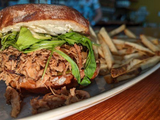 Beer Braised Pulled chicken has mild flavor $15 hand cut fries not so crisp but delicious all same & note they serve Portland Ketchup :) !!