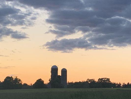 View of grain silos from behind inn