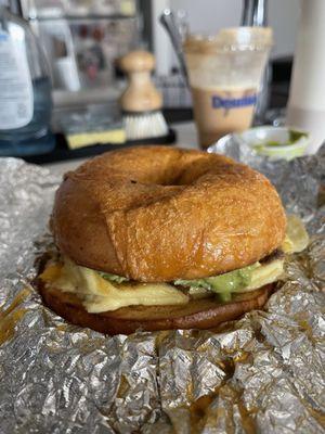 Egg and cheese sandwich with barbacoa and salsa verde