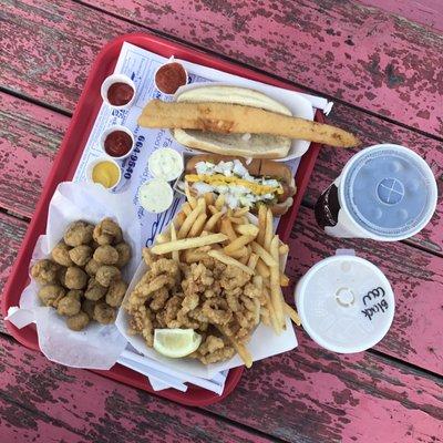 Fish Fry, Hot Dog, Clam Bowl and Fried Mushrooms