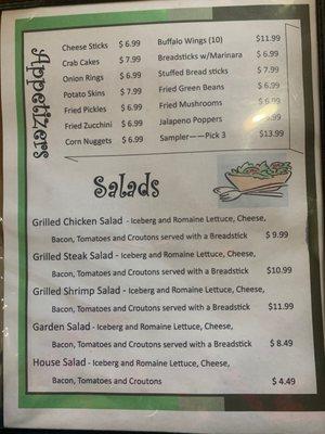 Appetizers and Salads Menu