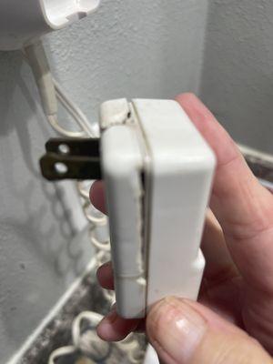 Plug that was plugged up upon arrival. Hair dryer didn't work. This would explain why. Plug is melted burnt and cracked.