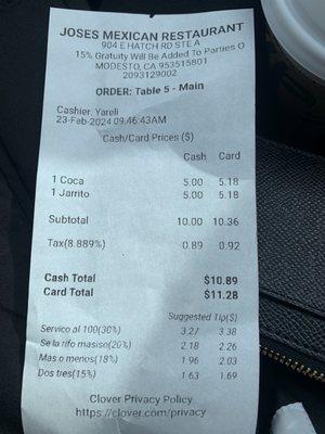 Receipt for two sodas