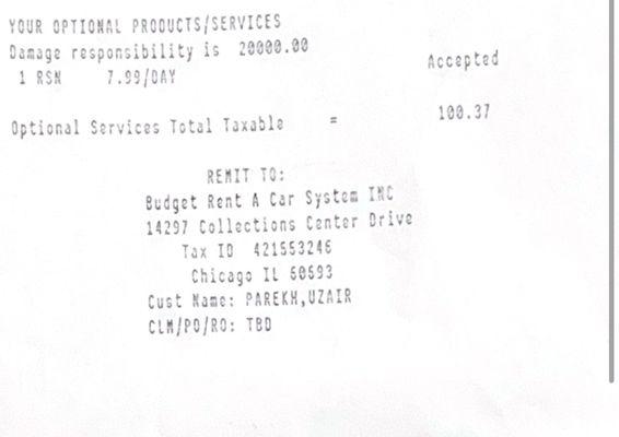 Option products/services charged for road side assistance.