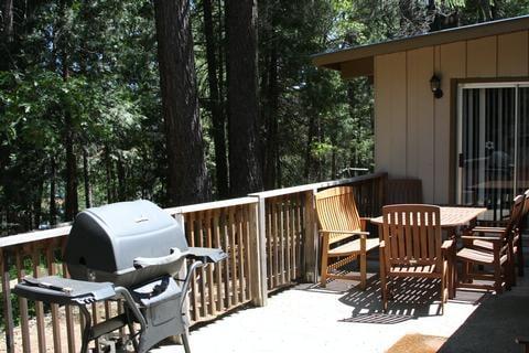 Deck of large rental cabin set in pine and cedar trees