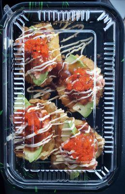 Sweet potato sliders : sweet potato tempura topped with avocado, spicy tuna, masago and Juan's house sauce & mayo