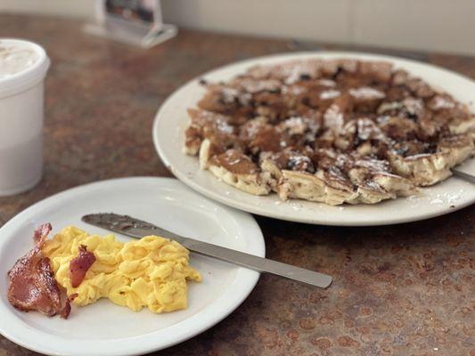 This was my granddaughters chocolate chip pancakes with eggs and bacon