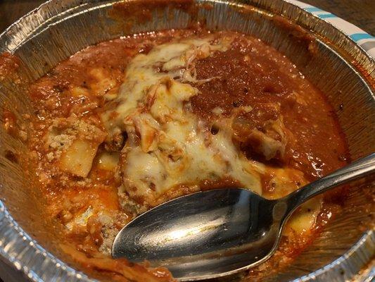 Smaller lasagna. I only took one bite. You can see how small this lasagna is. Hardly any pasta. Mostly filling & sauce.