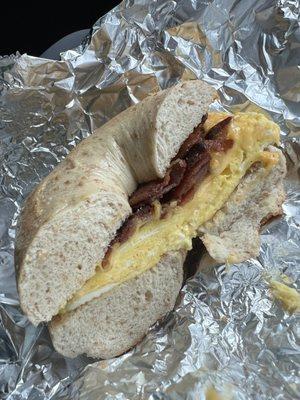 Bacon, egg, and cheese on a toasted wheat bagel - yum!