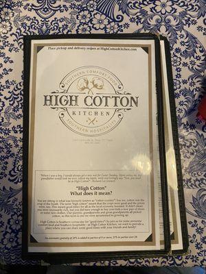 Front side of the High Cotton Menu (worth the read)