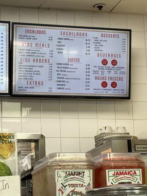 Menu with updated prices