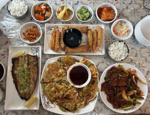 Mackerel, seafood pancake, fried shrimp, egg rolls, spicy pork