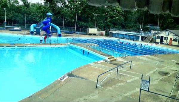 Diving pool, one of the lap pools, water slides