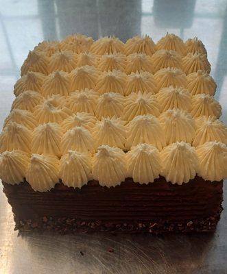 Layers of our gluten free devils food cake, our chocolate Alaska Silk, and Alaska Silk vanilla mousse