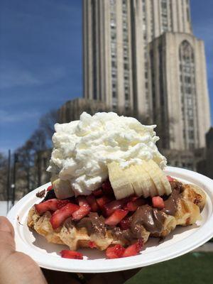 Waffle with Nutella, strawberries, and bananas!