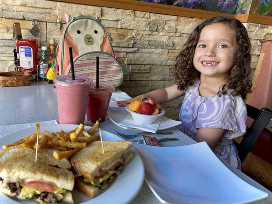 Late lunch w/ June June!  Watermelon Juice, All that Razz, #6 AVOCADO MELT, Fruit Bowl