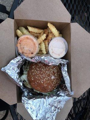 Wagyu rueben, fries, fry sauce and pimento cheese