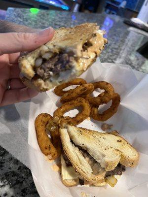 Patty Melt with onion ring. FYI usually there are more onion rings but we ate a bunch already. Lol.