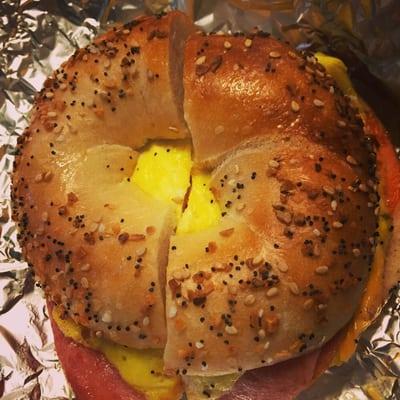 Pork roll egg n cheese on everything bagel