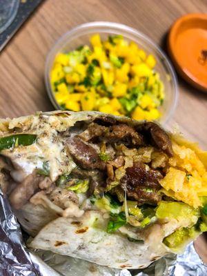 Steak fajita burrito. Mango avacadon dip.