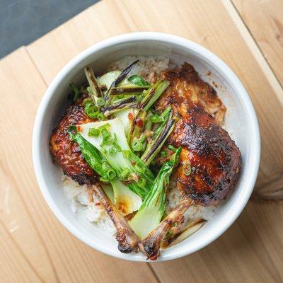 Sambal Chicken and Rice with Grilled Scallions and Bok Choi