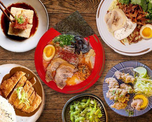 Spicy Tonkotsu Ramen, Chicken Pai Tan Ramen, Katsu Curry, Karaage Chicken, Agedashi Tofu, Garlic Edamame