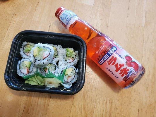 California rolls and strawberry ramune