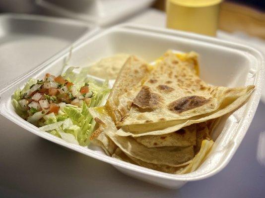 Cheese Quesadilla, so much cheese and their green salsa is something else. Noms!