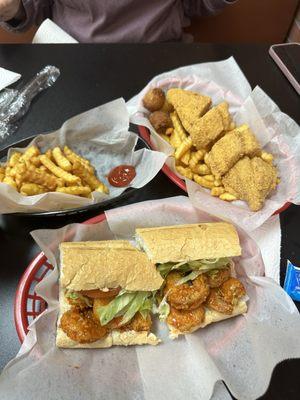 Buffalo shrimp po boy and fish basket