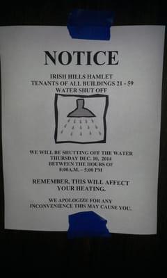 Water is shut off all the time. I am so tired of it I plan to post these all. Pretty bad to have a form letter about no water.