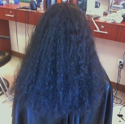 My clients hair before I gave her a Keratin smoothing treatment